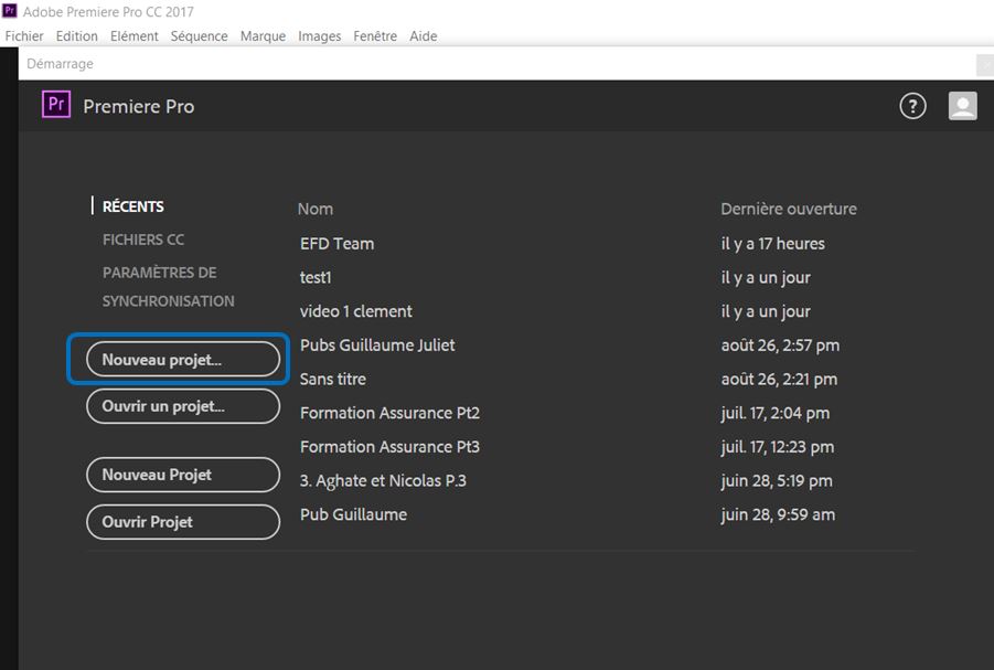 Montage video_page de demarrage de Premiere Pro
