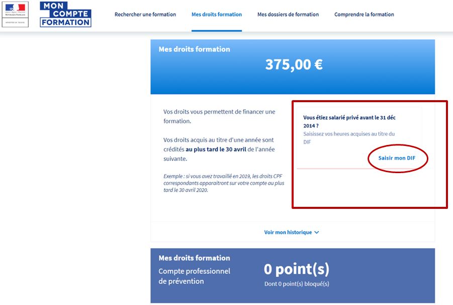 Mon compte formation Saisir mon DIF