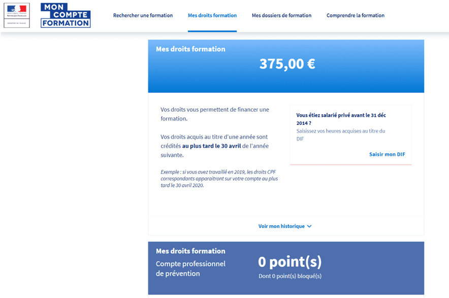 Mon Compte Formation Solde droits CPF