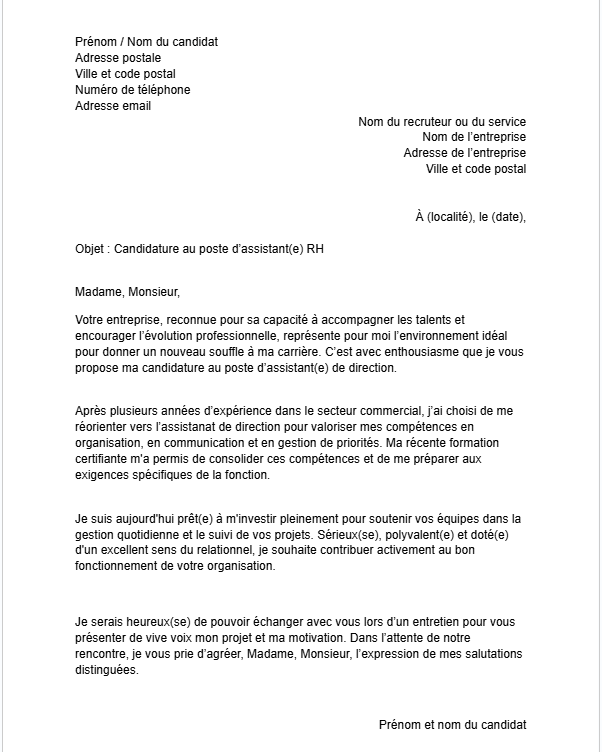 Lettre de motivation RH personne en reconversion